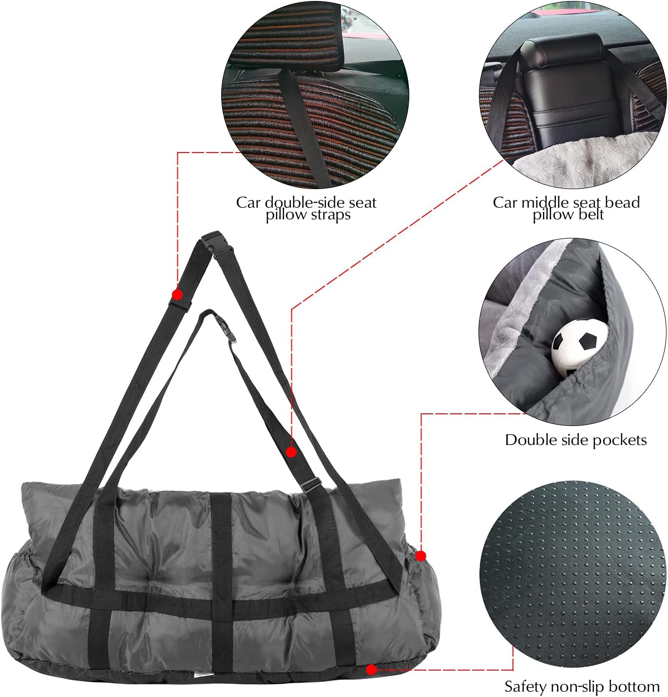 Dog Car Seat - Washable, Anti-Slip Booster for Medium Dogs up to 65 LBS, 2 Seat Belts