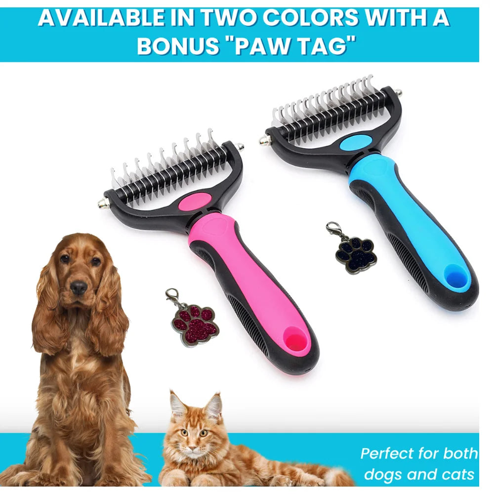 Pet Comb Stainless Steel Double-Sided Shedding Dematting Cat Dog Rake Pet Brush with Stainless Steel Dog Tag,Paw Pet Stainless (BLUE)