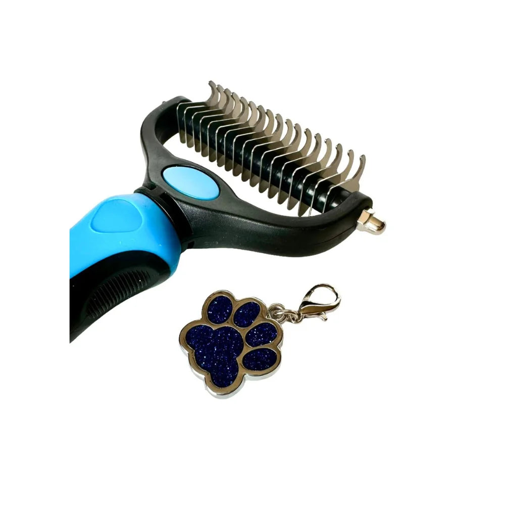 Pet Comb Stainless Steel Double-Sided Shedding Dematting Cat Dog Rake Pet Brush with Stainless Steel Dog Tag,Paw Pet Stainless (BLUE)