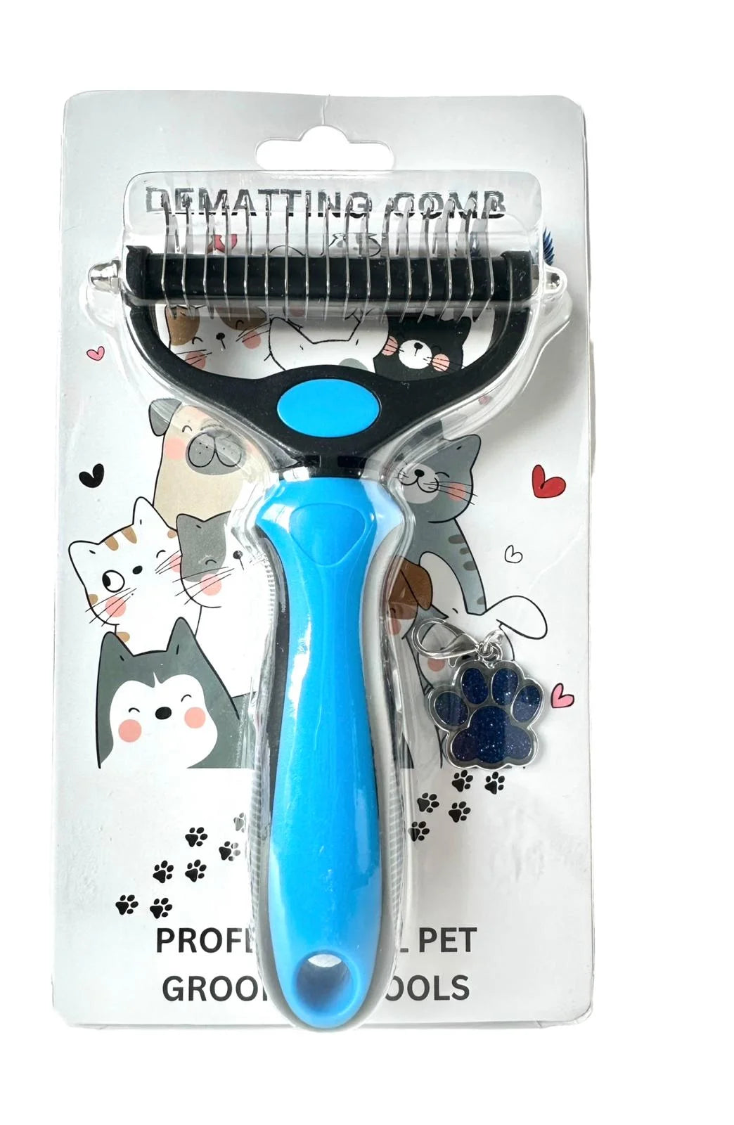 Pet Comb Stainless Steel Double-Sided Shedding Dematting Cat Dog Rake Pet Brush with Stainless Steel Dog Tag,Paw Pet Stainless (BLUE)