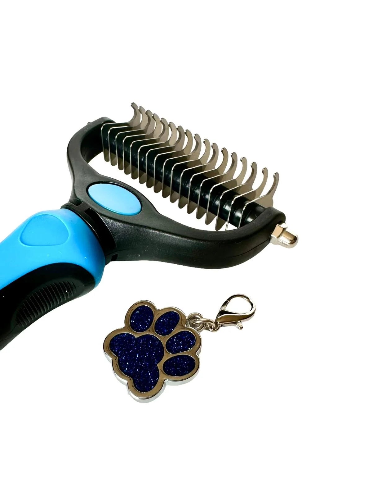 Pet Comb Stainless Steel Double-Sided Shedding Dematting Cat Dog Rake Pet Brush with Stainless Steel Dog Tag,Paw Pet Stainless (BLUE)