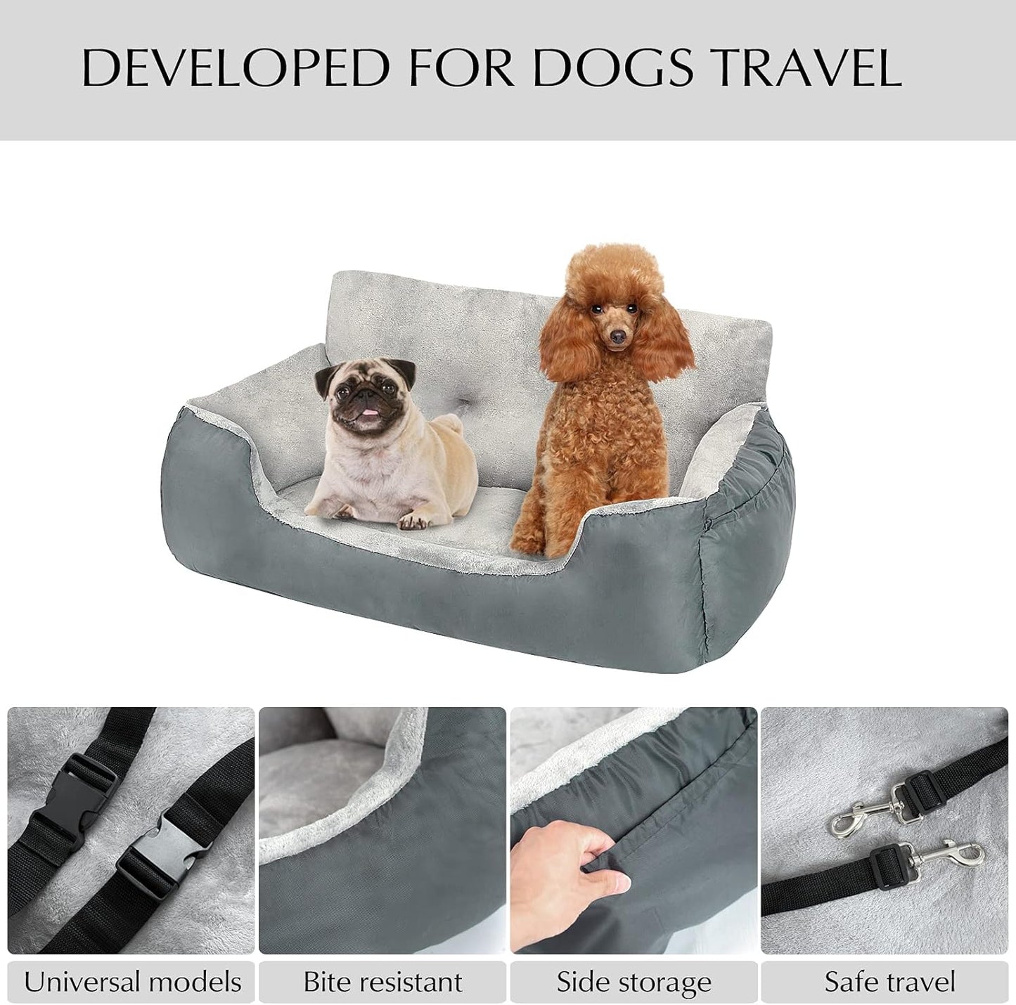 Dog Car Seat - Washable, Anti-Slip Booster for Medium Dogs up to 65 LBS, 2 Seat Belts