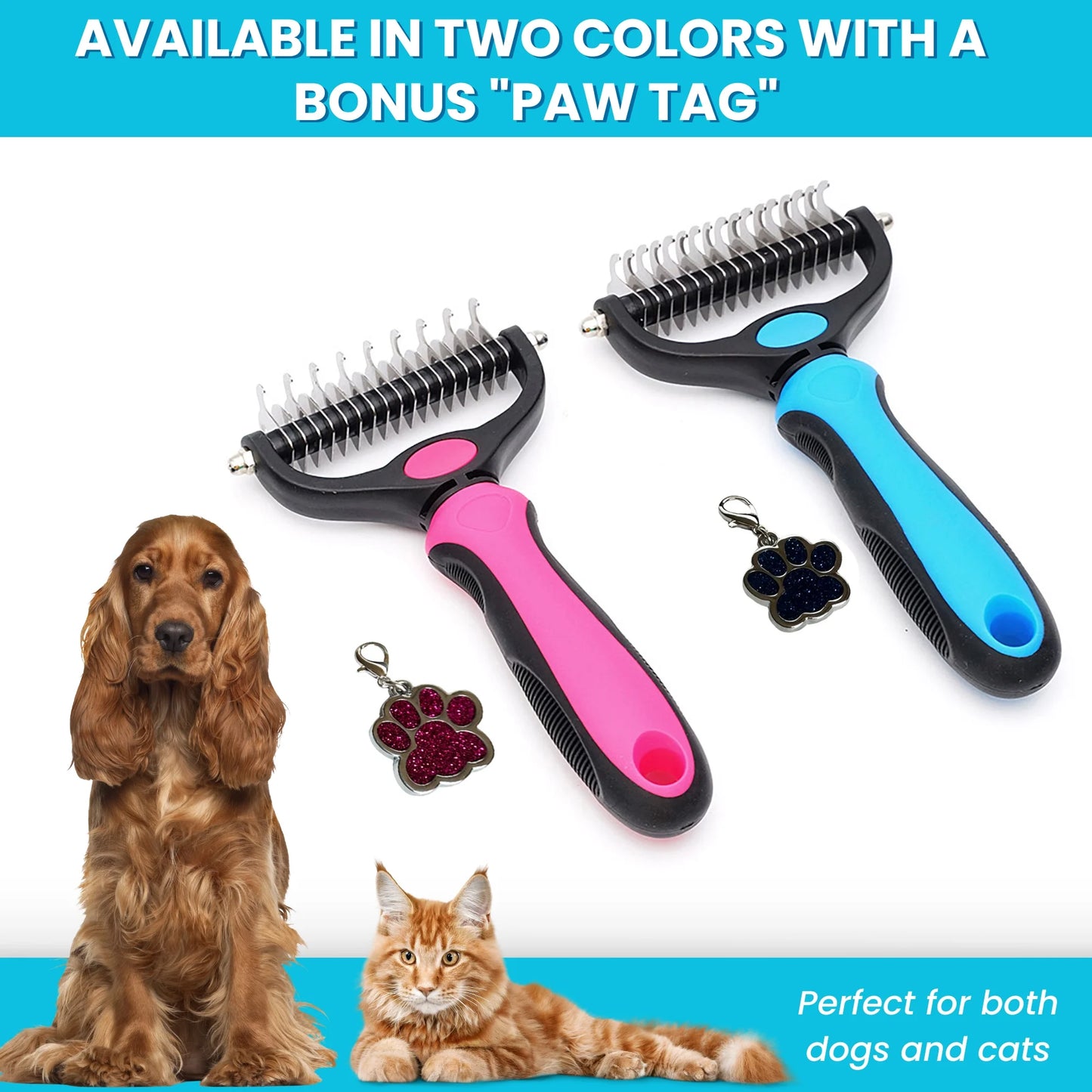 Pet Comb Stainless Steel Double-Sided Shedding Dematting Cat Dog Rake Pet Brush with Stainless Steel Dog Tag,Paw Pet Stainless (BLUE)