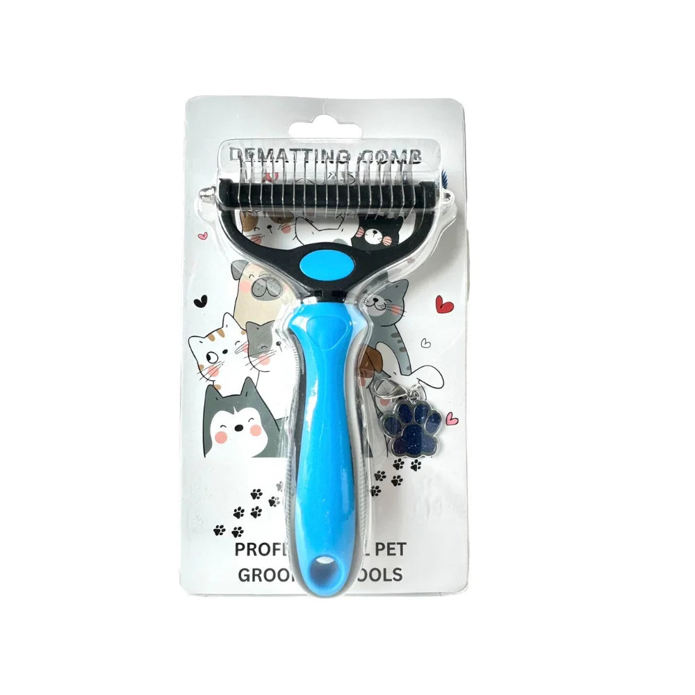 Pet Comb Stainless Steel Double-Sided Shedding Dematting Cat Dog Rake Pet Brush with Stainless Steel Dog Tag,Paw Pet Stainless (BLUE)