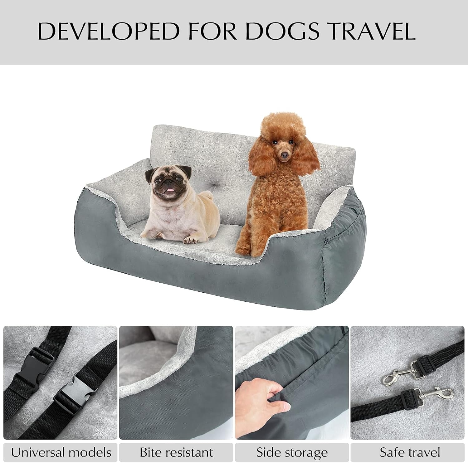 Dog Car Seat - Washable, Anti-Slip Booster for Medium Dogs up to 65 LBS, 2 Seat Belts